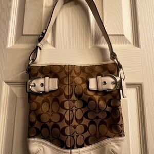 Coach Brown and Cream Shoulder Bag with Monogram Pattern